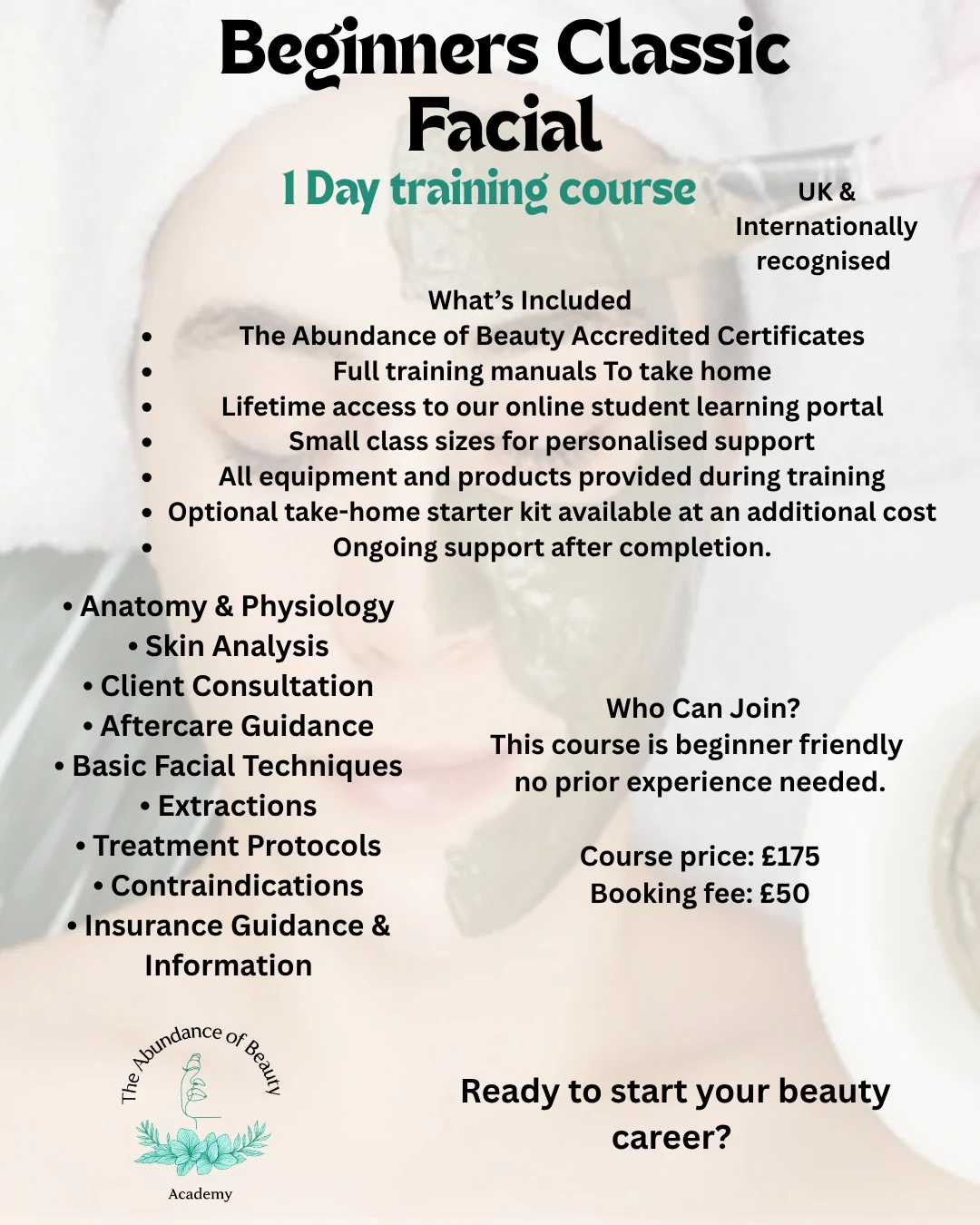 TAOB Academy Beginner Classic Facial course information poster